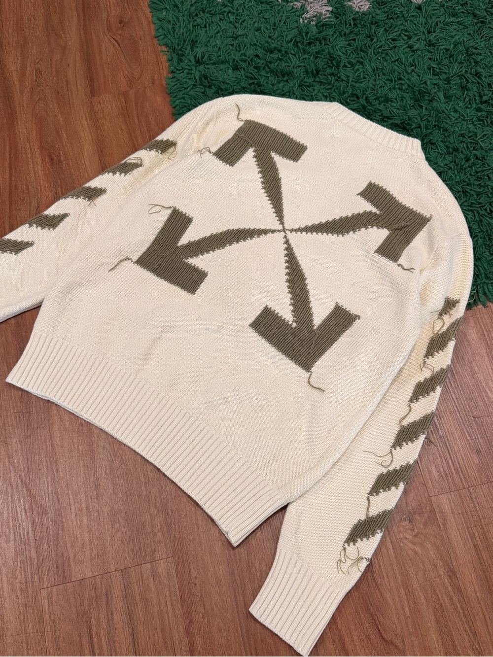 Off-White Cream Crewneck Sweater with Olive Arrow Motif